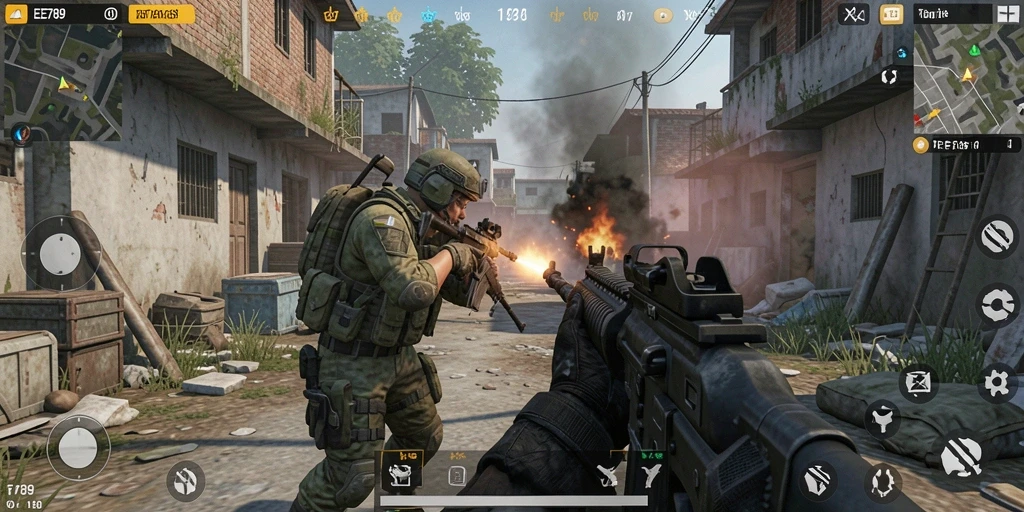 Tampilan gameplay mendebarkan di EE789 dengan aksi tembak-menembak yang intens.