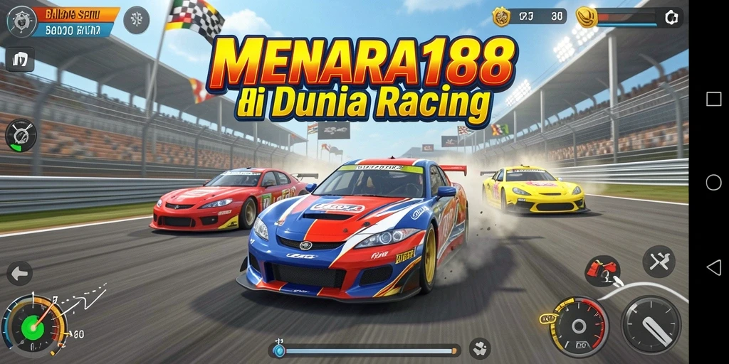 Screenshot MENARA188 menunjukkan intensitas balapan dengan mobil cepat dan trek menantang.