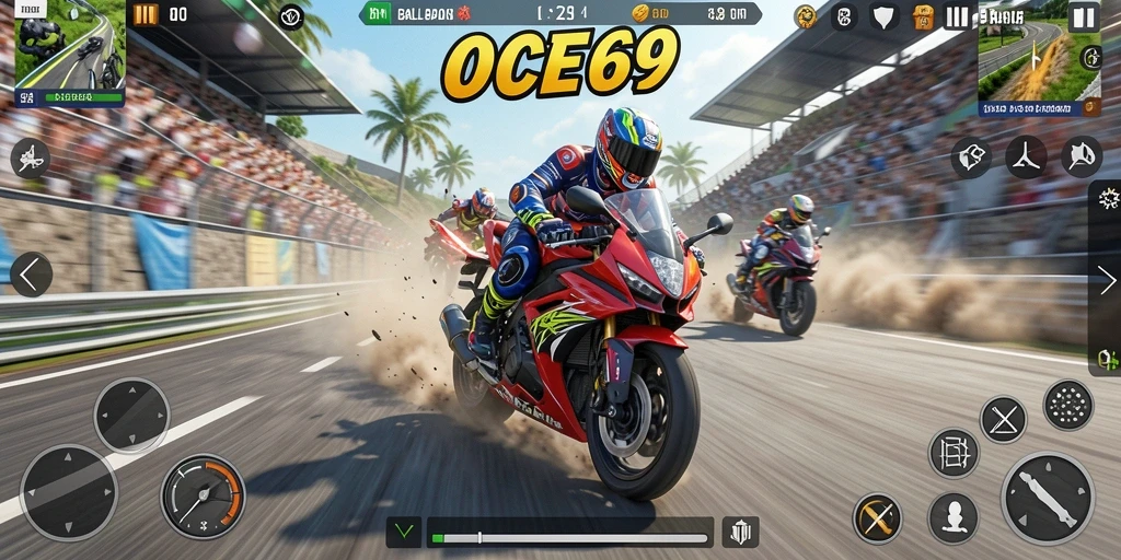 Screenshot gameplay OCE69 menampilkan balapan motor yang seru.