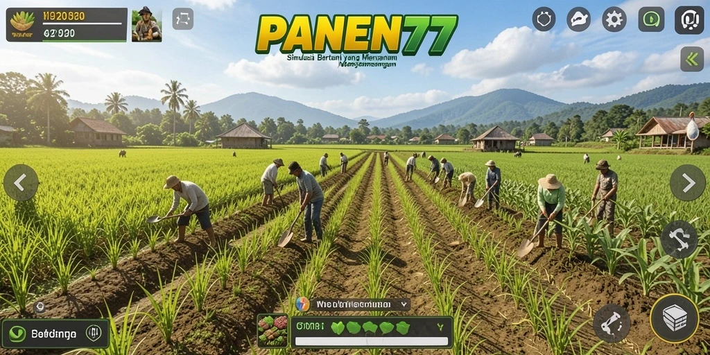 Screenshot gameplay <strong>PANEN77</strong> yang menunjukkan kebun yang subur dan hewan ternak.