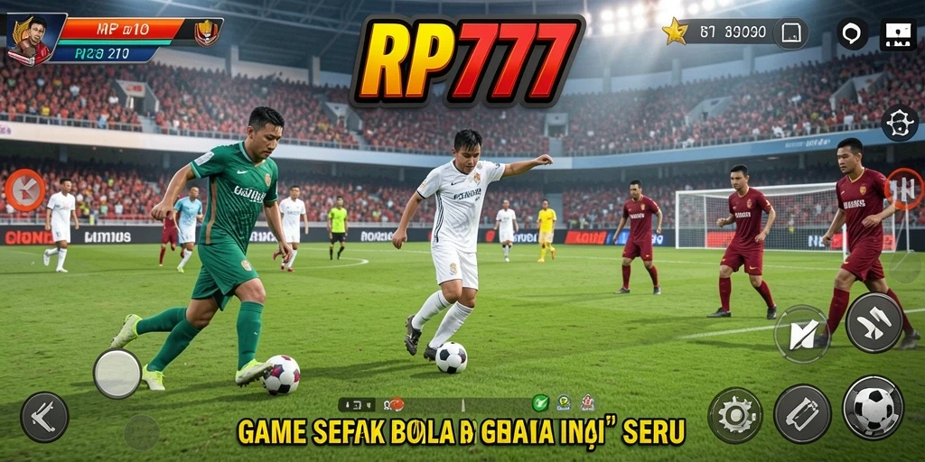 Screenshot gameplay RP777 menampilkan aksi seru pertandingan sepak bola.