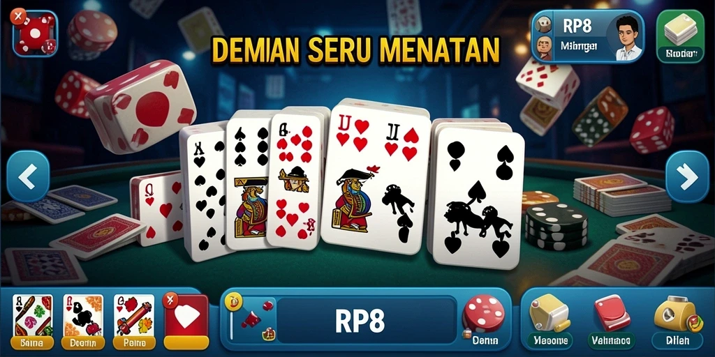Screenshot gameplay RP8 menunjukkan suasana seru bermain domino.